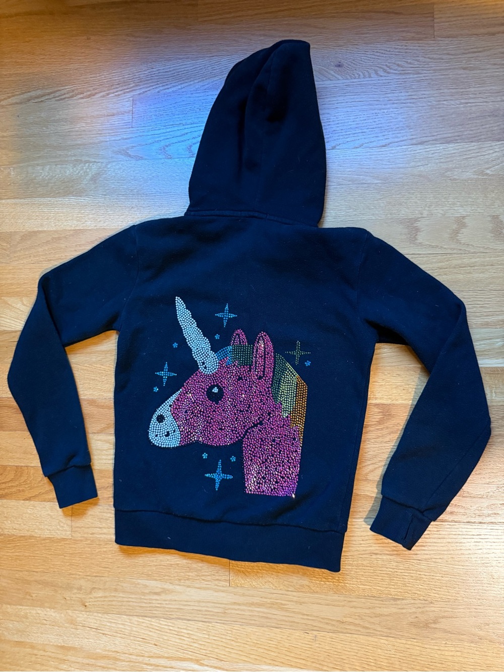 Butter Kids Black Hoodie with Pink Rhinestone Unicorn Sz L